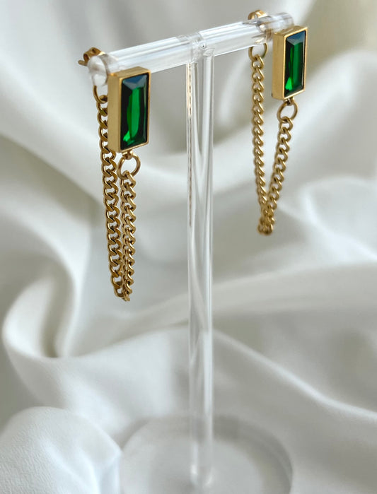 Ατσάλινα σκουλαρίκια με πράσινη πέτρα και κρεμαστή αλυσίδα